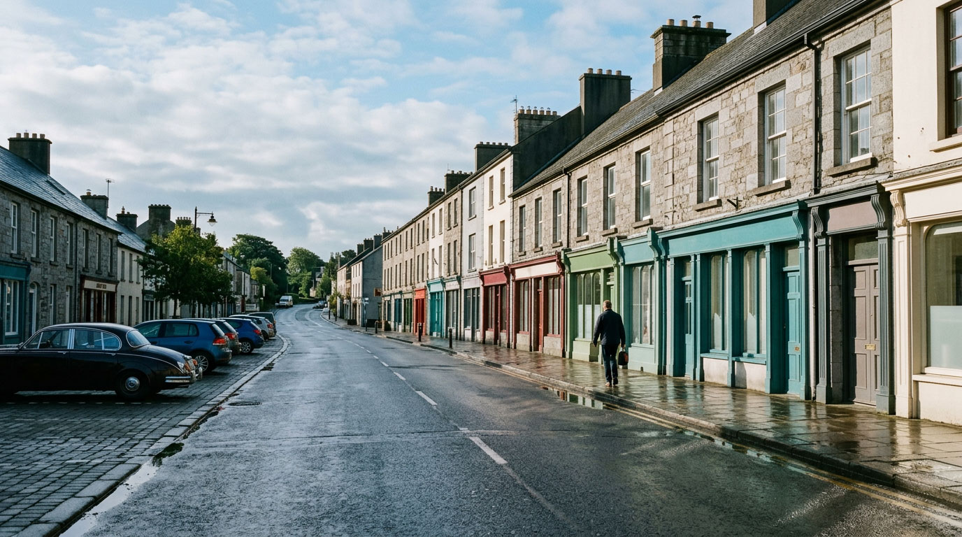 Irish town street with small business premises in early morning light