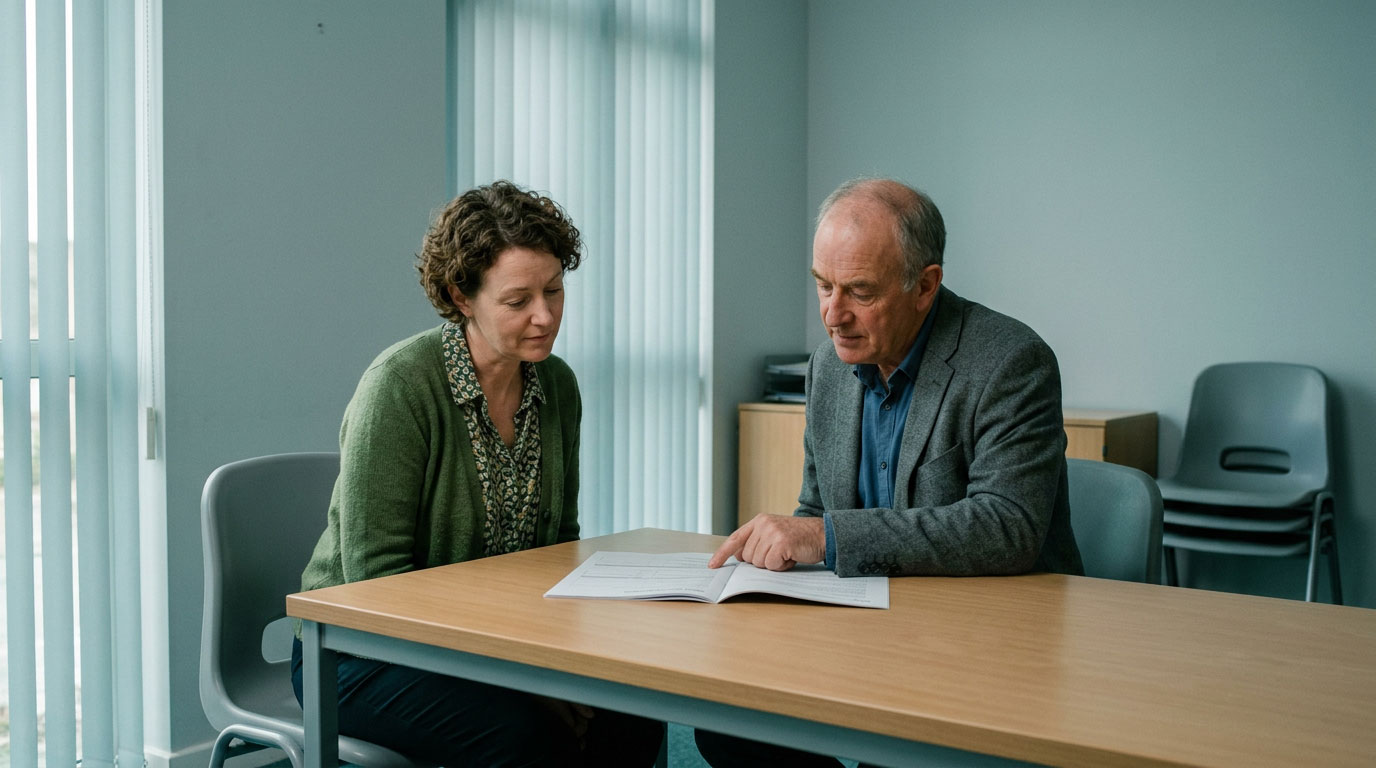 Business owner and adviser reviewing a document together in a meeting room
