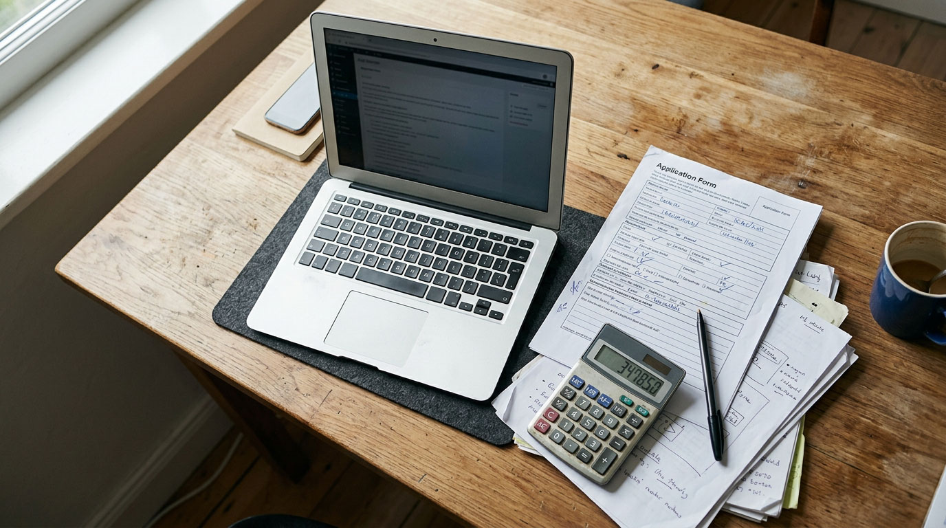 Desk with laptop, printed application form, calculator and pen