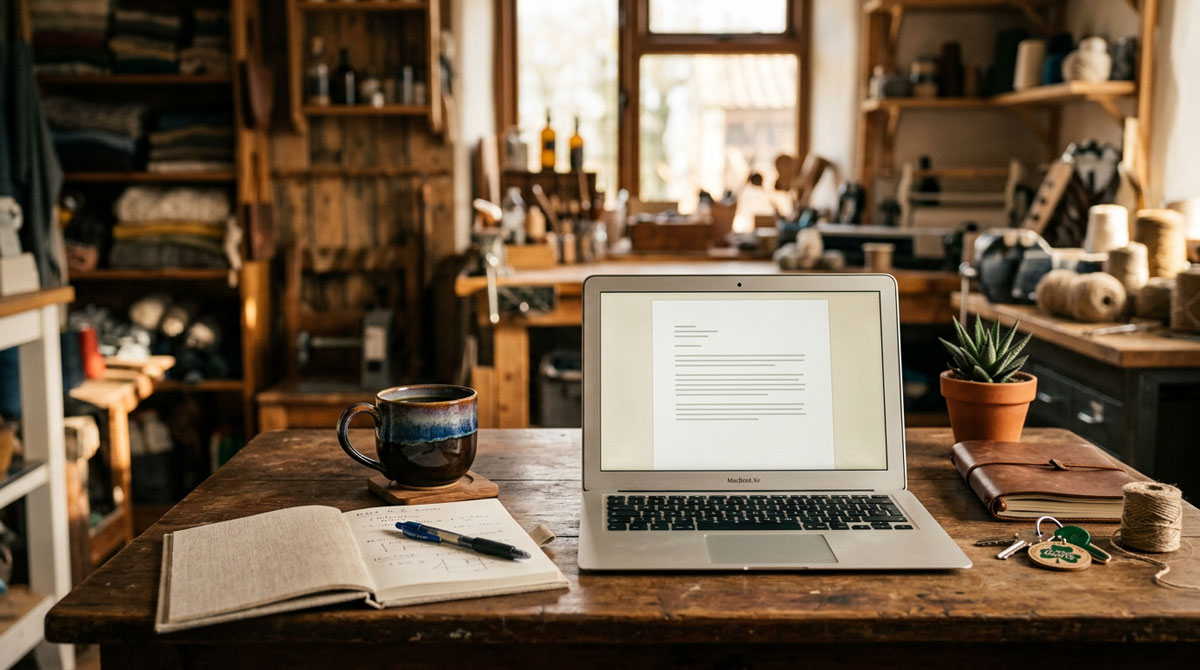 Irish small business owner's desk with laptop and paperwork in warm morning light