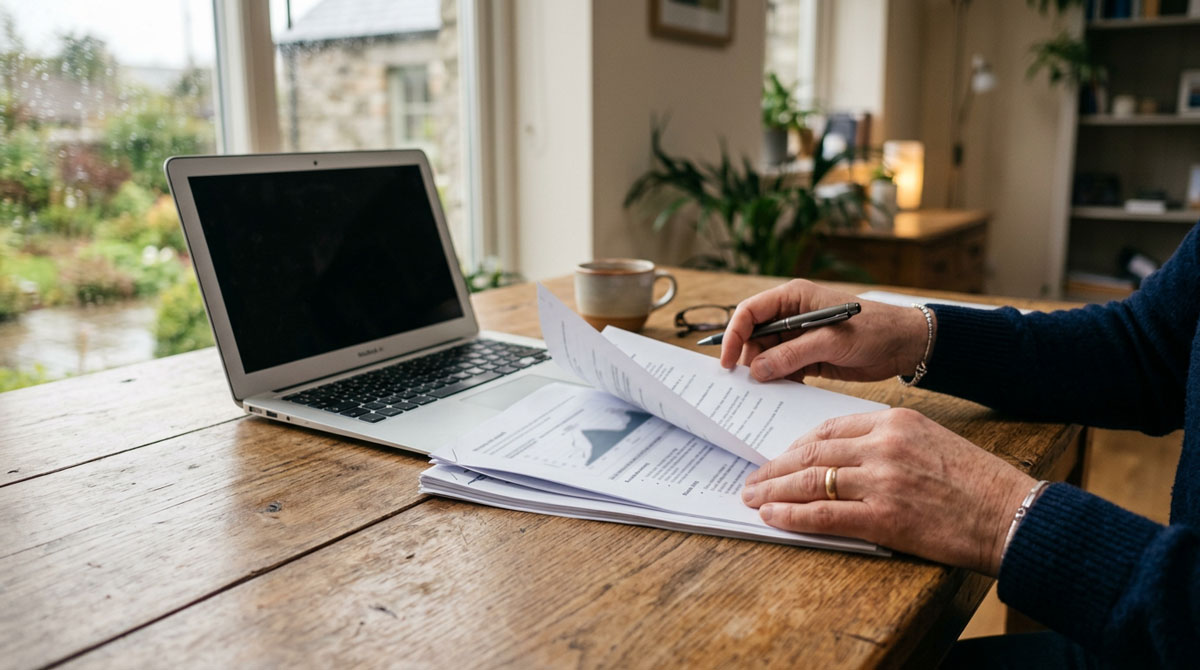Reviewing grant paperwork at a desk beside a laptop