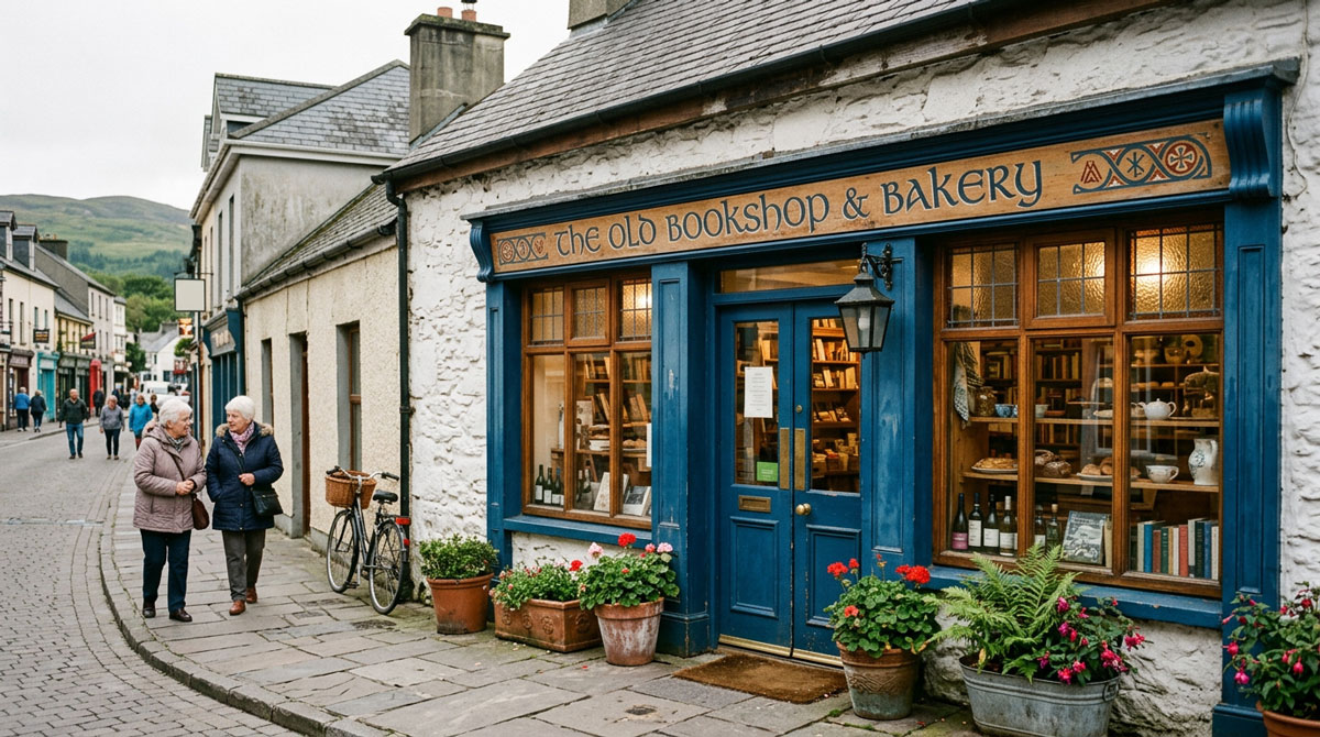 Small Irish town business premises in soft daylight