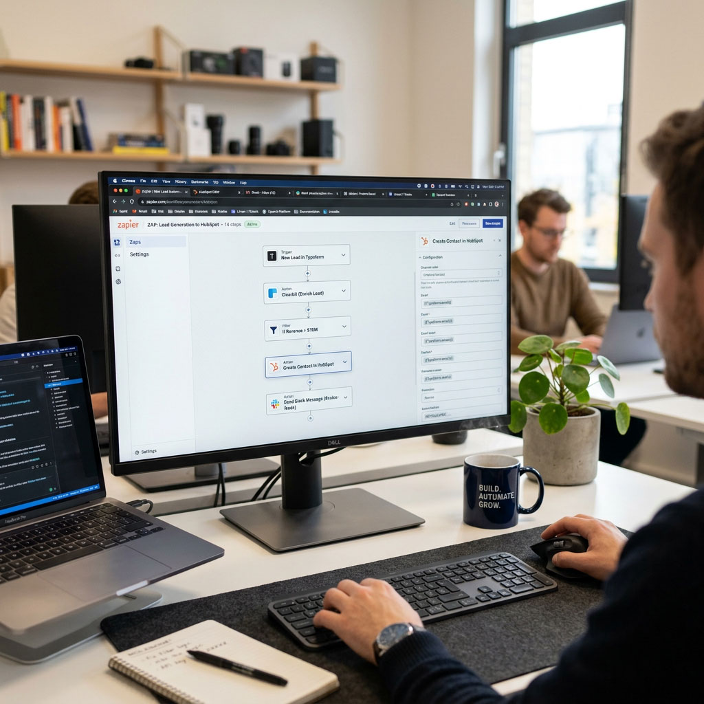 Professional building an AI workflow on a laptop during an Infuze advanced training session