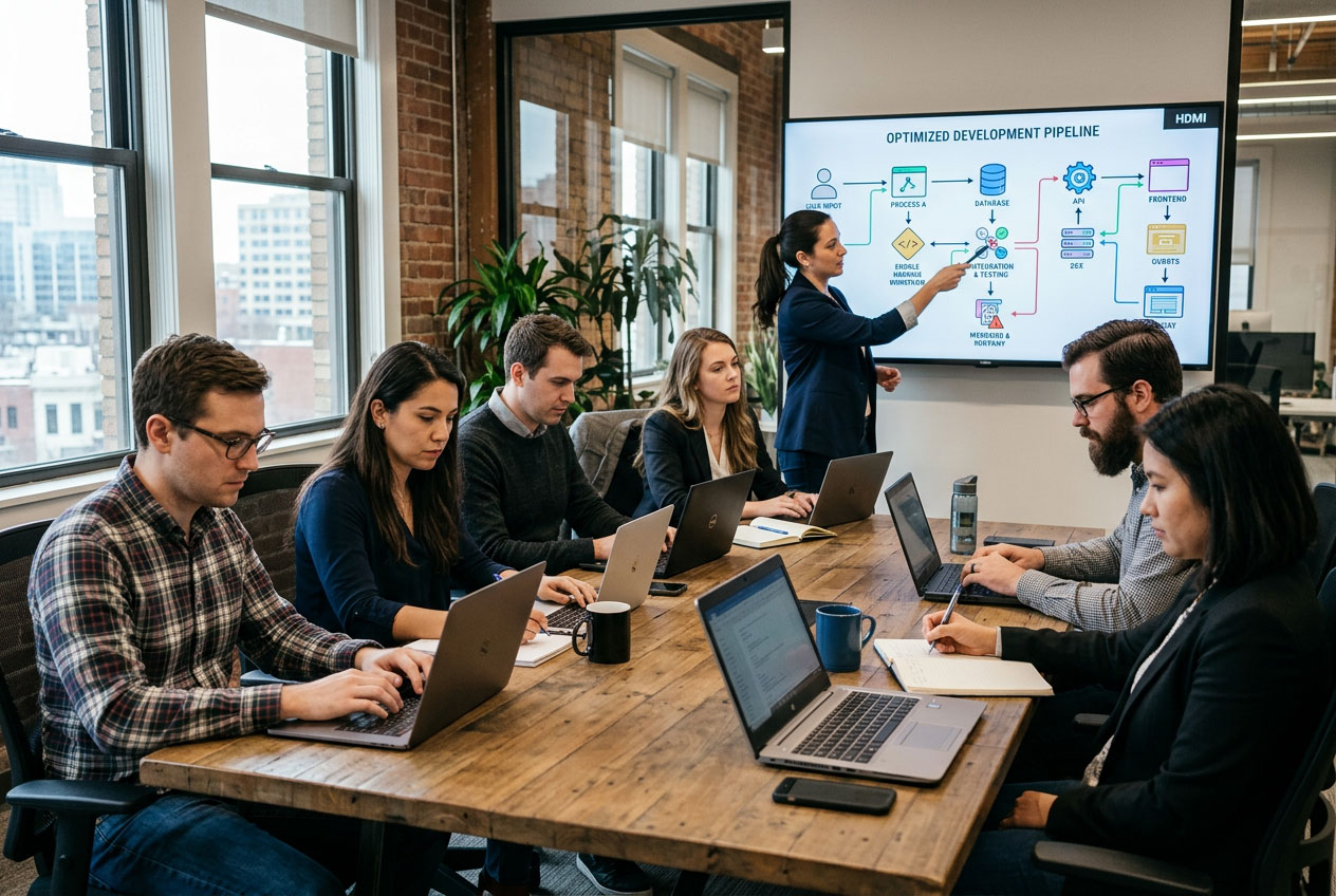 Focused group of business professionals in an advanced AI workshop building real workflows and automations