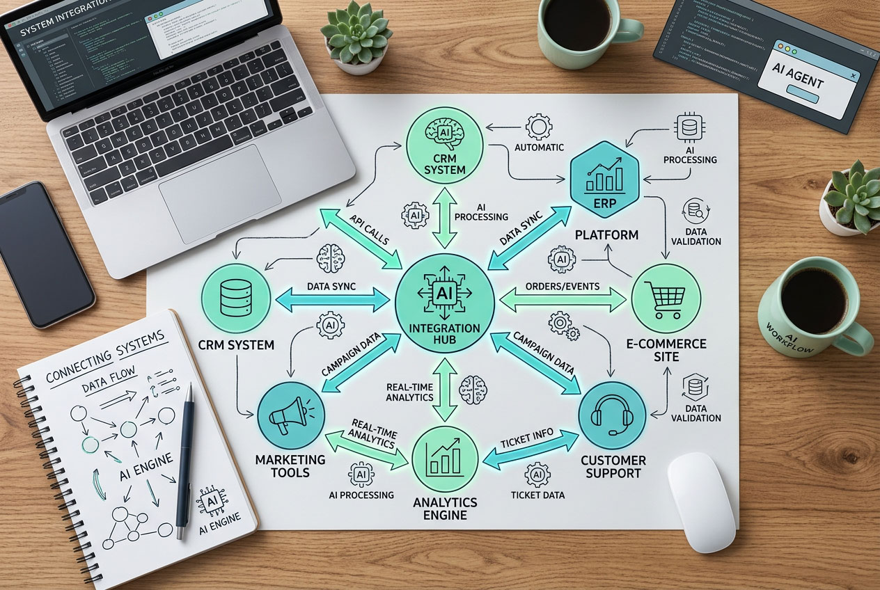 AI integration workflow diagram showing interconnected nodes, integration arrows, and data flow visualization