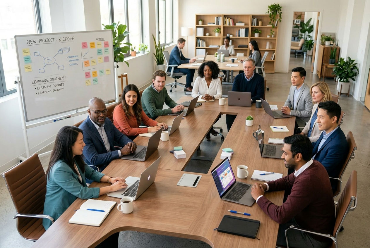 Mixed group of business professionals in their first AI training session with Infuze, expressions of curiosity and discovery