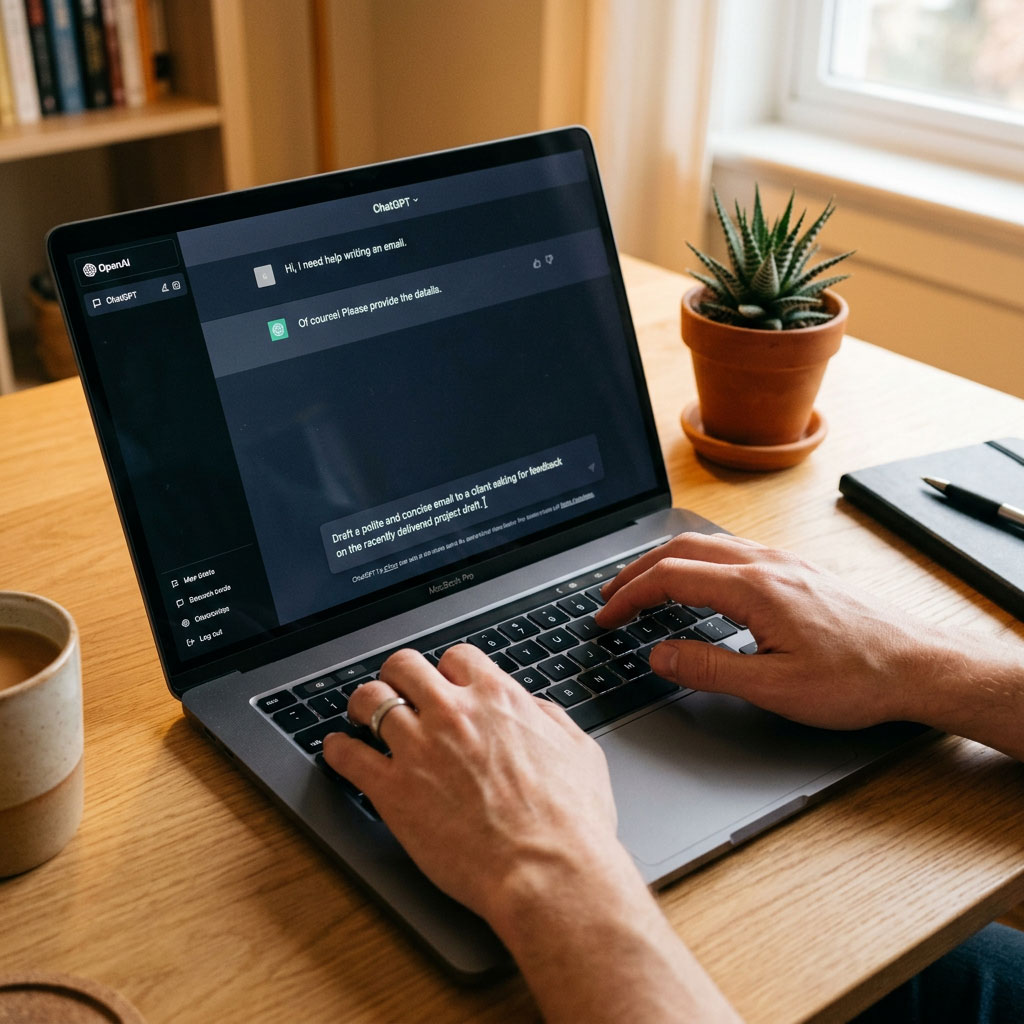 Person writing their first AI prompt on a laptop during an Infuze beginner workshop