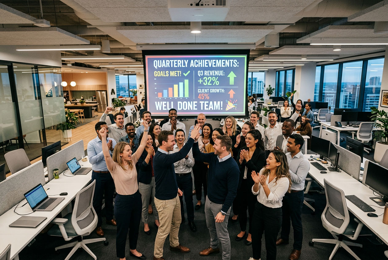 Corporate team energised and engaged during an Infuze AI training programme, reviewing results on a large screen