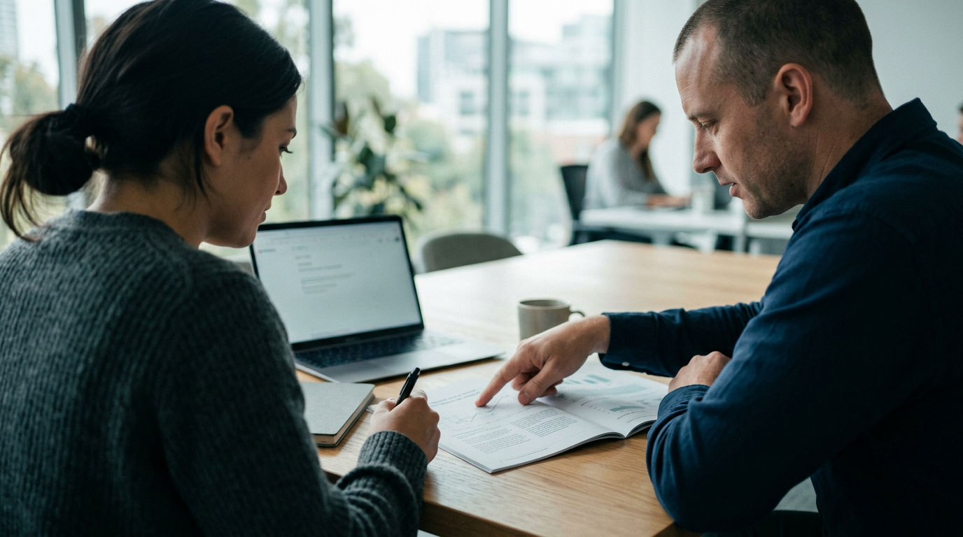 Two people reviewing documents together at a meeting table