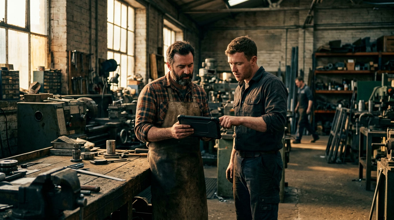 Two colleagues in a small Irish business reviewing digital tools on a tablet