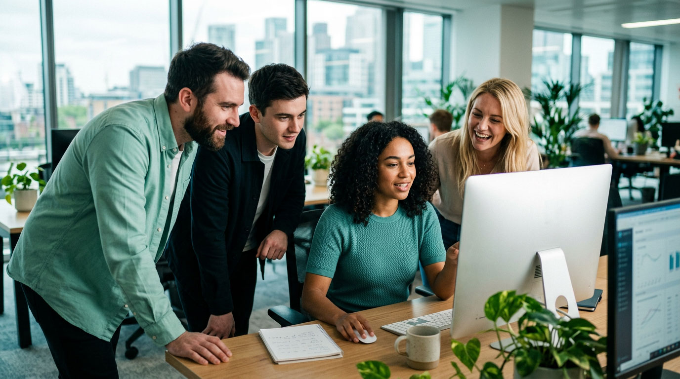 Small team gathered around a colleague's desk during an informal training session