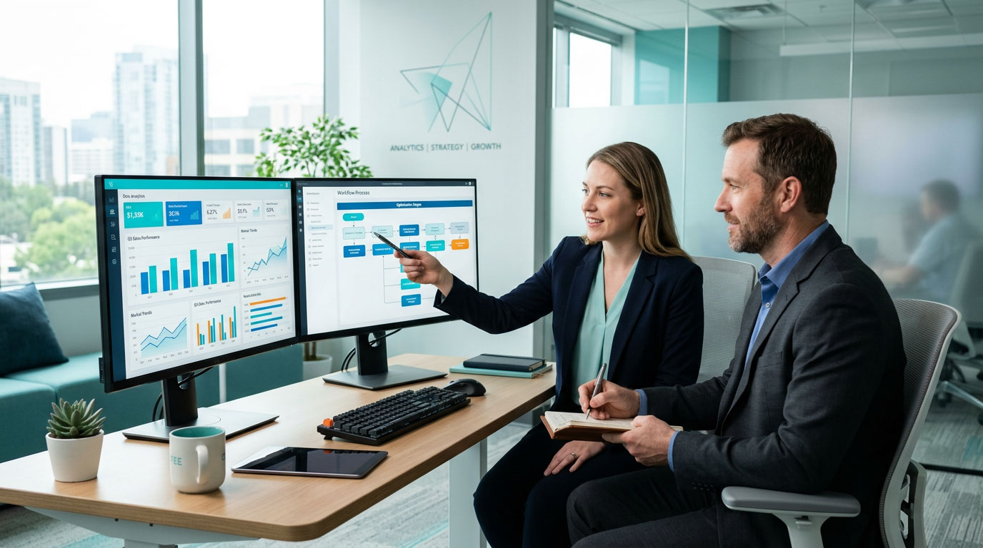 Business consultant and client reviewing AI workflow diagrams and data dashboards together at a modern desk