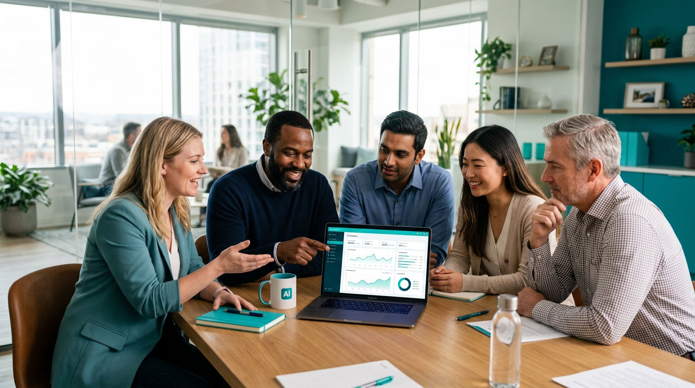 Business team gathered around a laptop in a modern office, learning how to use AI tools together in an Infuze training session