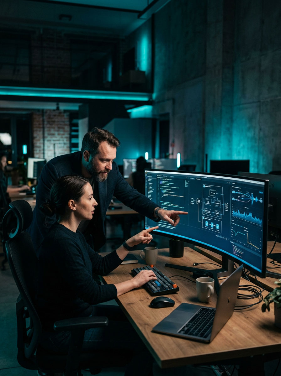 Two professionals collaborating on an AI integration project, reviewing system architecture on a large monitor