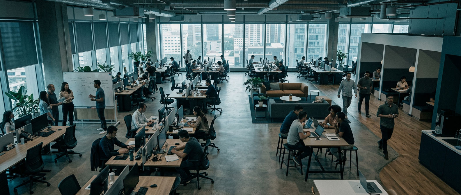Modern open-plan office with professionals working and collaborating