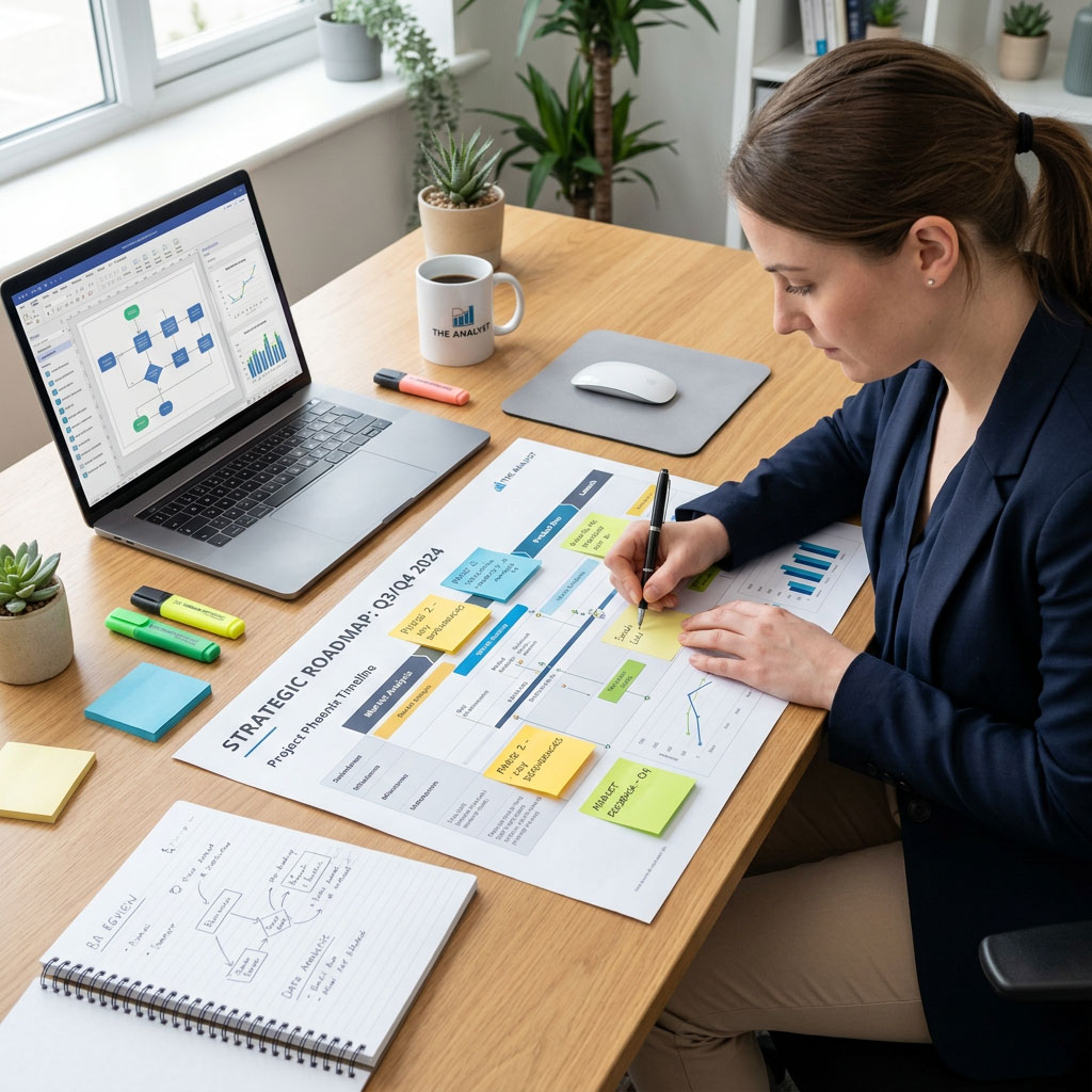 Business analyst reviewing a strategic AI roadmap and process diagrams on a desk