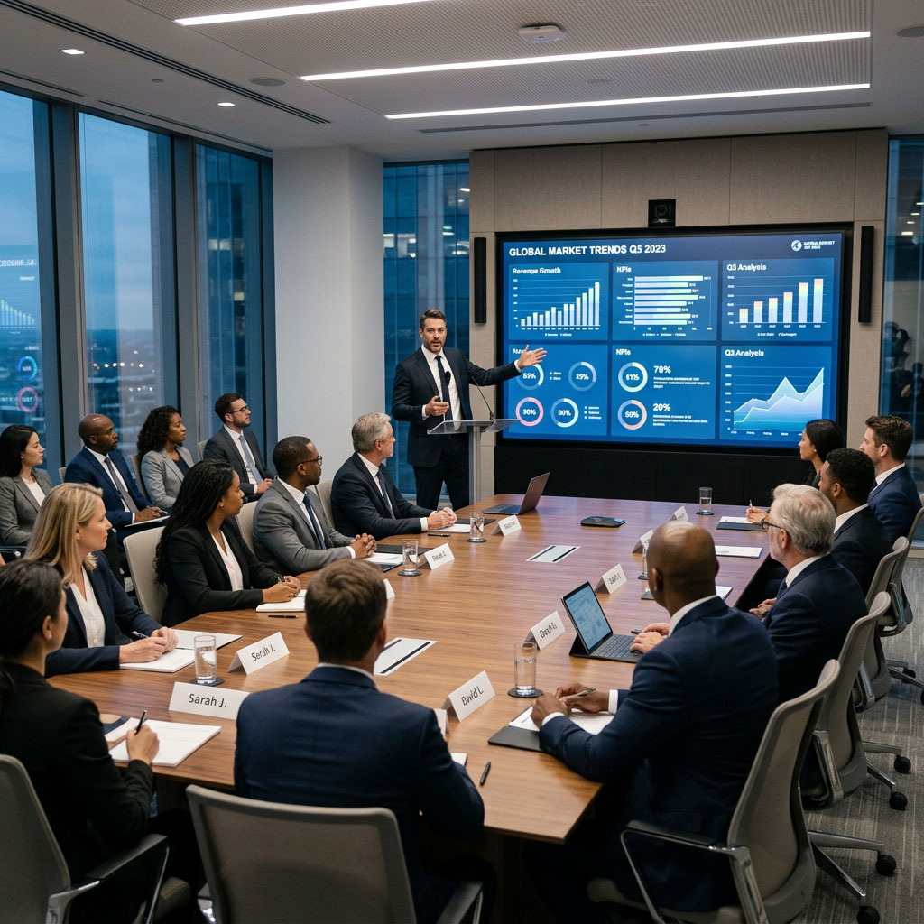 Corporate AI training session in a modern boardroom with a professional trainer presenting to a large business audience