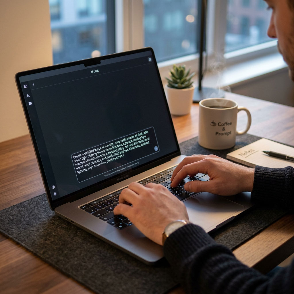 Person typing a detailed prompt into an AI chat interface on a laptop