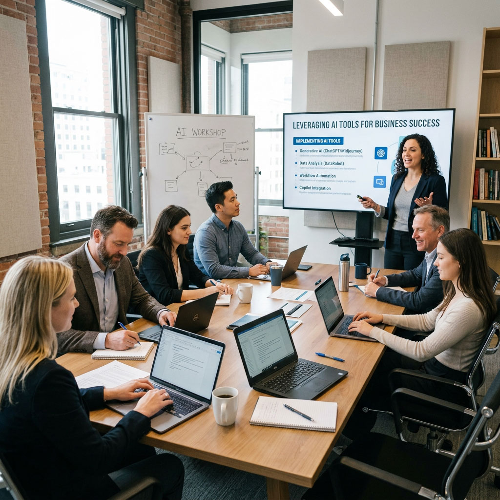 Interactive AI workshop with a small group of business professionals learning AI tools together