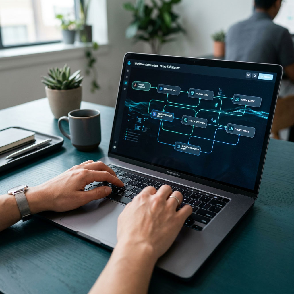 Professional using a laptop to set up an automated AI workflow dashboard