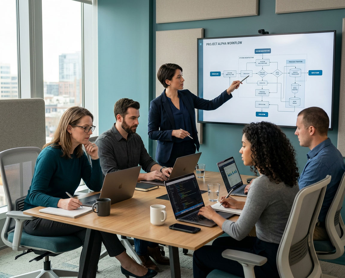 Small group of focused business professionals in an advanced AI workshop, working through complex workflow diagrams on laptops