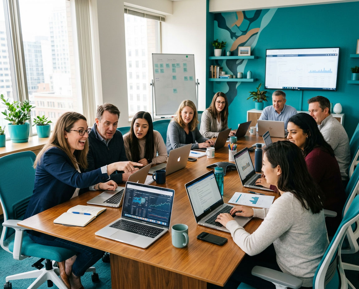 Mixed group of business professionals in a beginner AI workshop, looking at laptops with curiosity and excitement