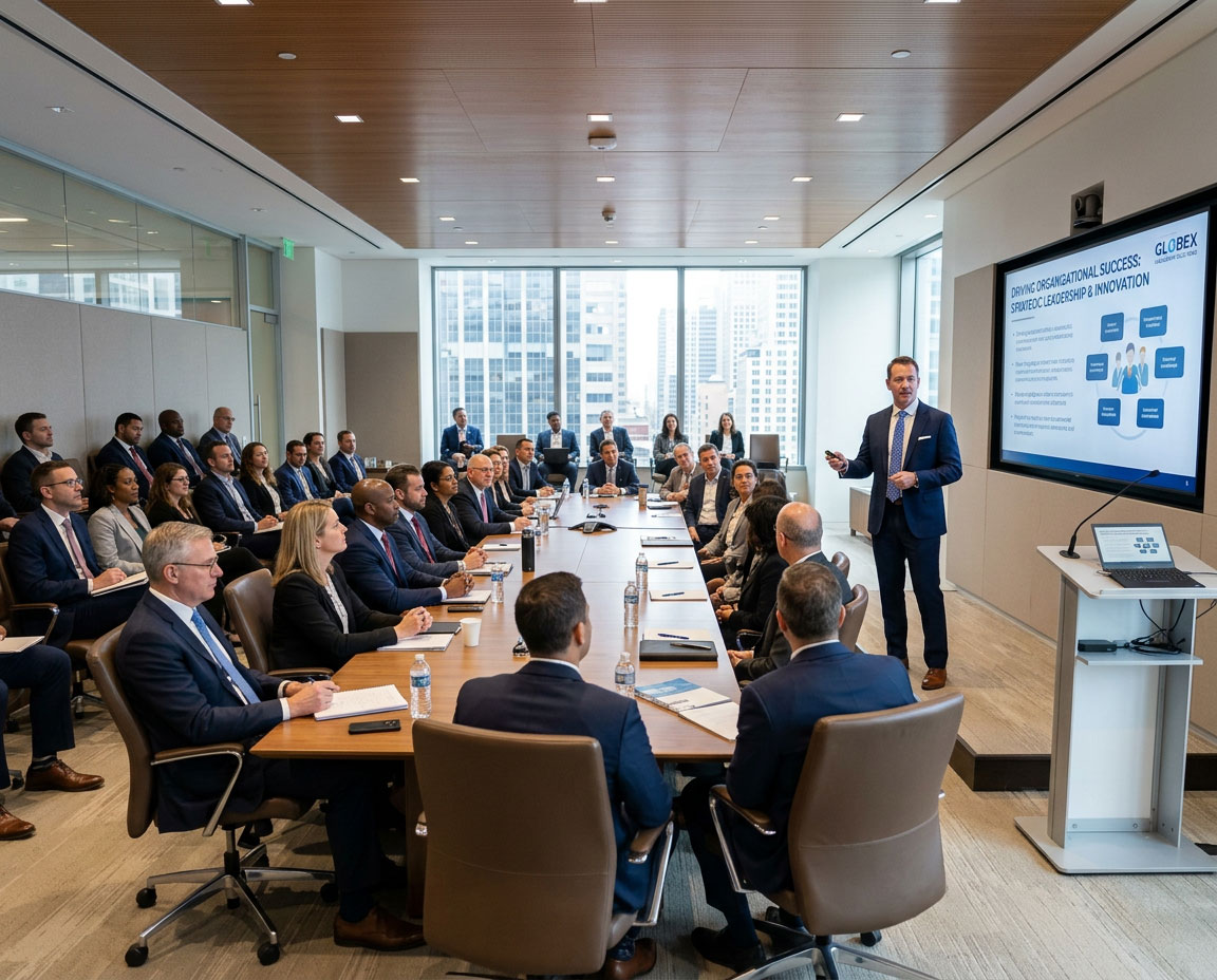 Corporate AI training session in a large modern boardroom with a presenter and audience of business professionals