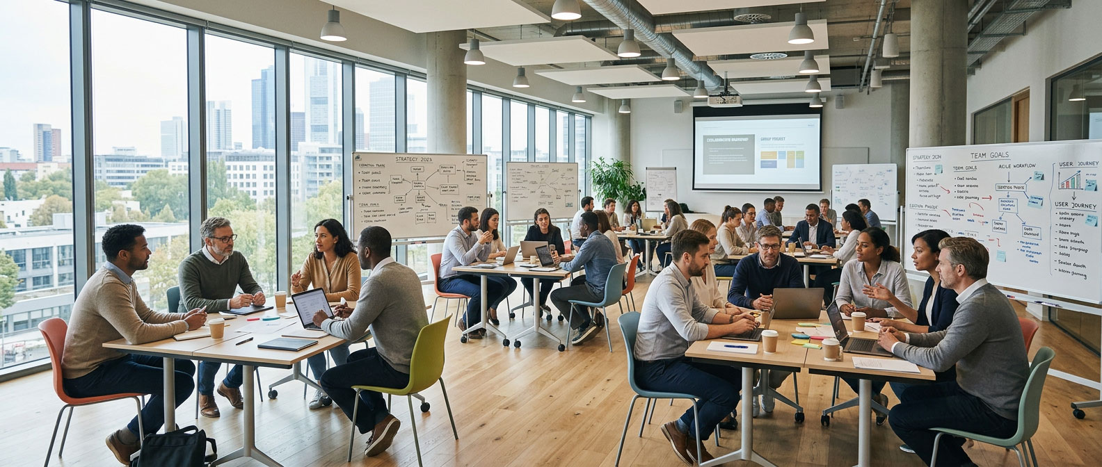 Business team collaborating in a bright modern training room during an Infuze AI workshop session